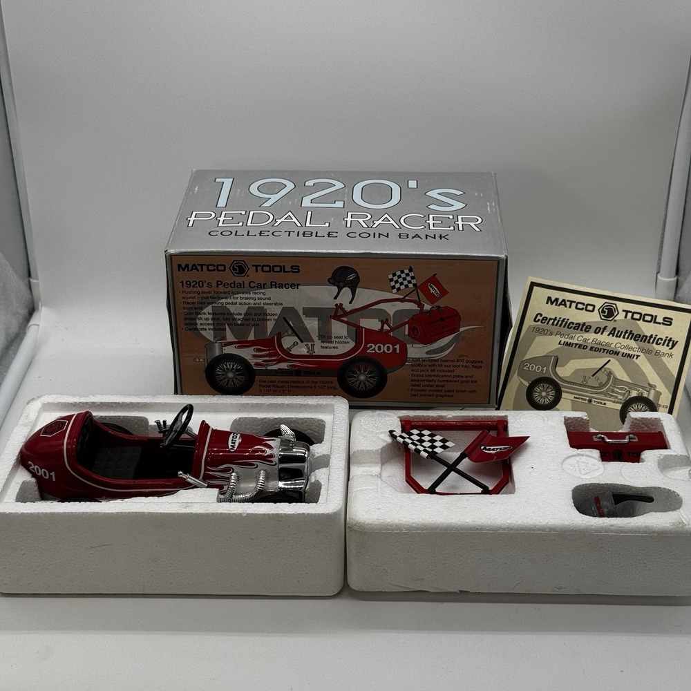 VTG 2001 MATCO TOOLS 1920S PEDAL RACER COIN BANK DIE CAST CAR CROWN PDLCAR01